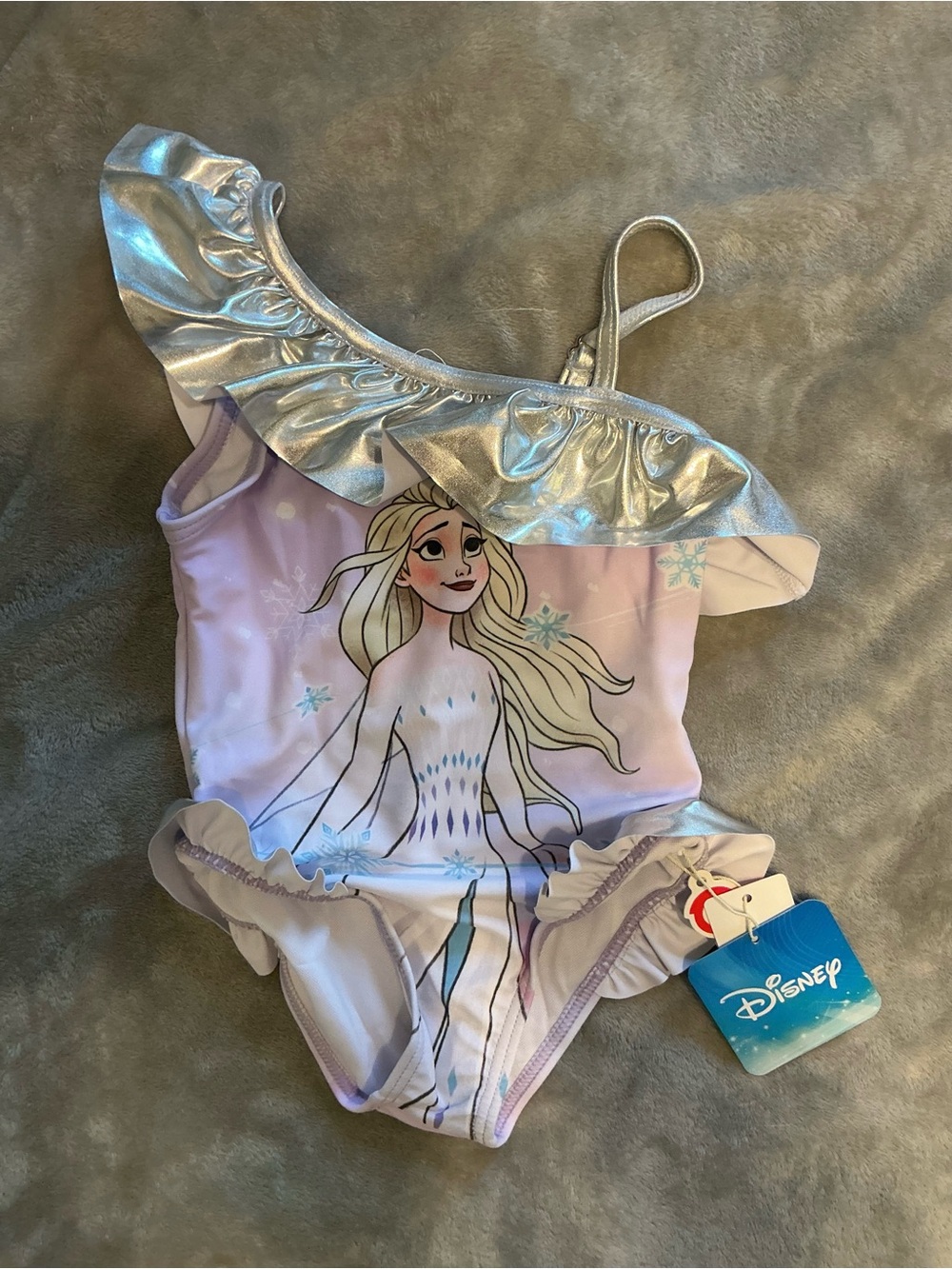 Disney Girls Lavender Elsa One-Piece Swim Suit with Silver Ruffle